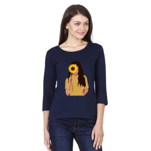 Urbida 100% Pure Cotton Cool Lady Graphic Printed Navy Blue 3/4 sleeve Women T-shirt