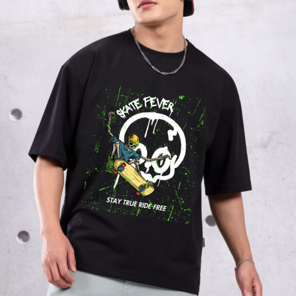 URBIDA Men Drop Shoulder  Retro Skull Theme  Printed Oversized Black Street-wear Premium T-shirt - Image 2