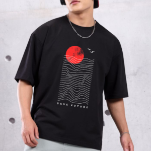 URBIDA Men Drop Shoulder Japanese  Retro Theme Graphic Printed Oversized Black T-shirt