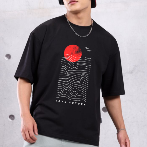 URBIDA Men Drop Shoulder Japanese  Retro Theme Graphic Printed Oversized Black T-shirt