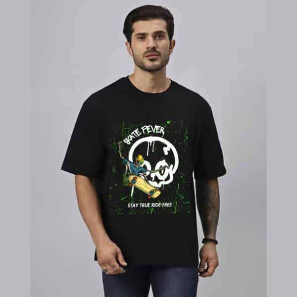 URBIDA Men Drop Shoulder  Retro Skull Theme  Printed Oversized Black Street-wear Premium T-shirt - Image 3