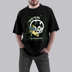 URBIDA Men Drop Shoulder Retro Skull Theme Printed Oversized Black Street-wear Premium T-shirt