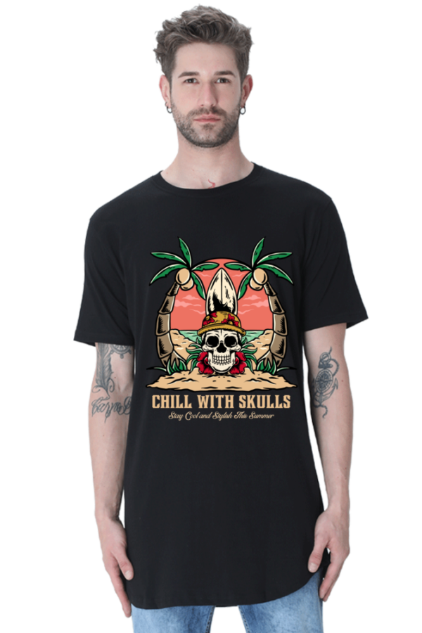 URBIDA Retro Skull Theme Premium Cotton Long Line Curve Premium T-shirt for Men - Image 5